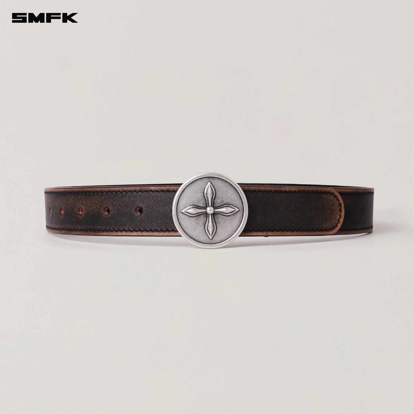 COMPASS CIRCULAR BADGE HANDCRAFT PATINA LEATHER BELT Wild Black Patina