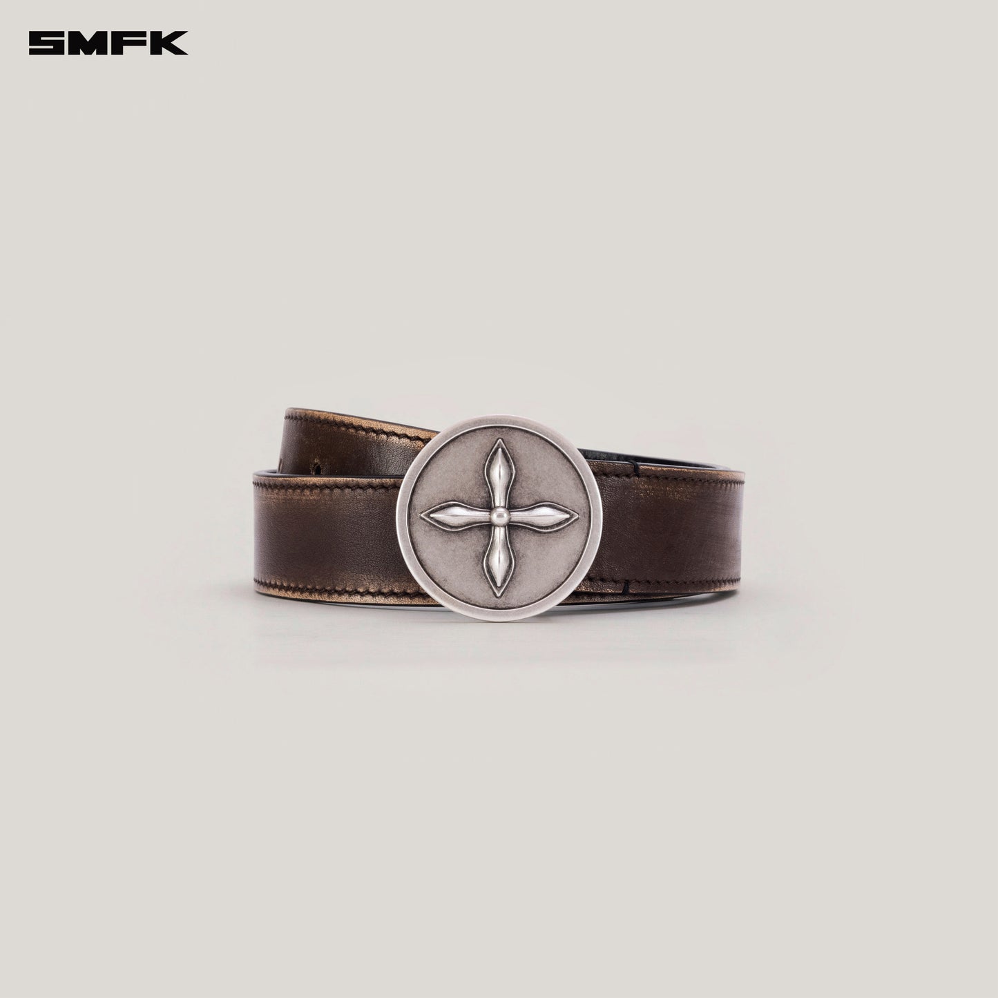 COMPASS Circular Badge Handcraft Patina Leather Belt Wild Horse Brown Patina