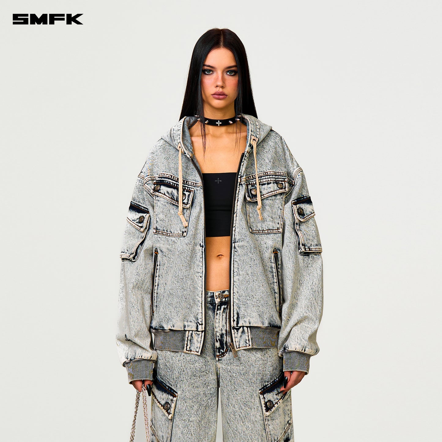 FUTURE MIRAGE Oversized Denim Hoodie Snow Blossom