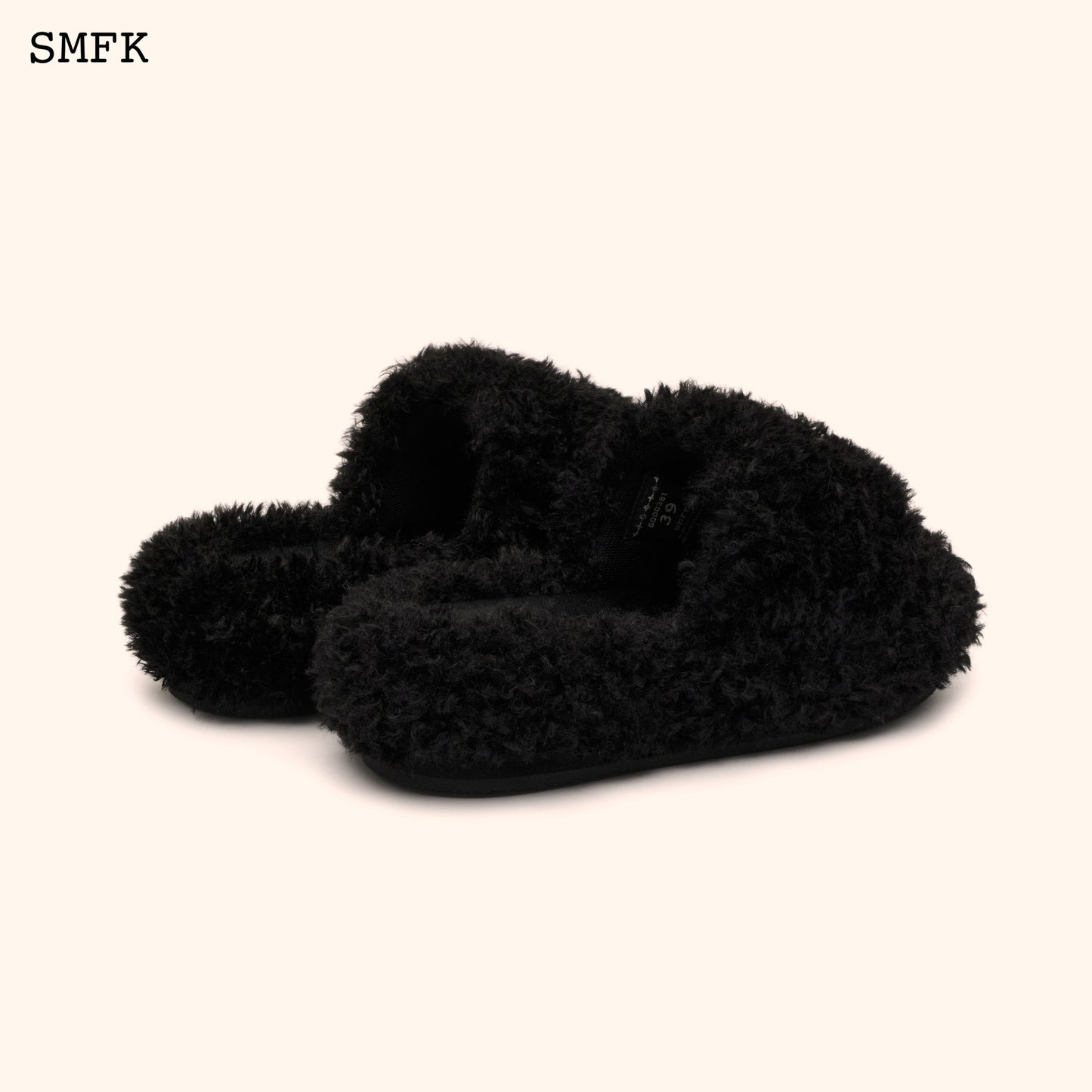 COMPASS WOOLLY Black Velvet Furry Sandals Velvet Noir