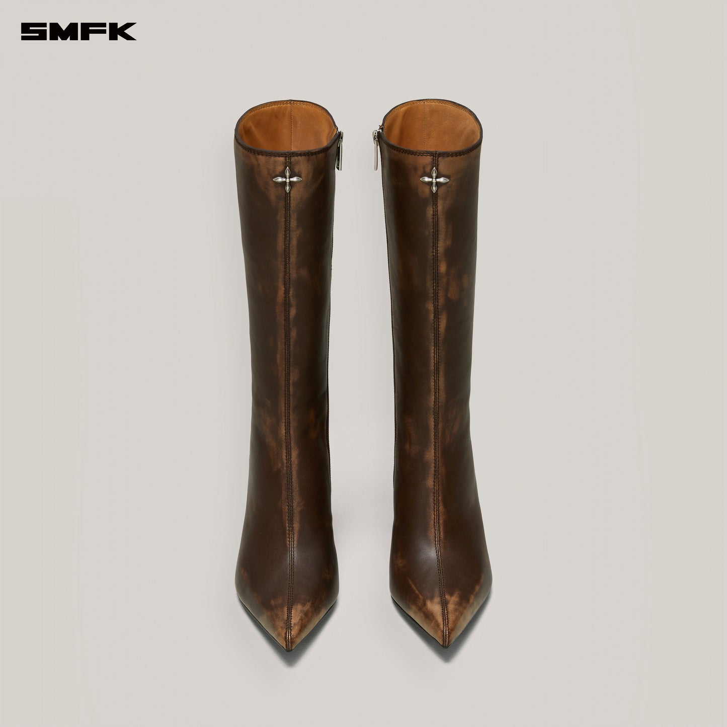 COMPASS BADGE Sword Leather High Heel Boots Wild Horse Brown Patina