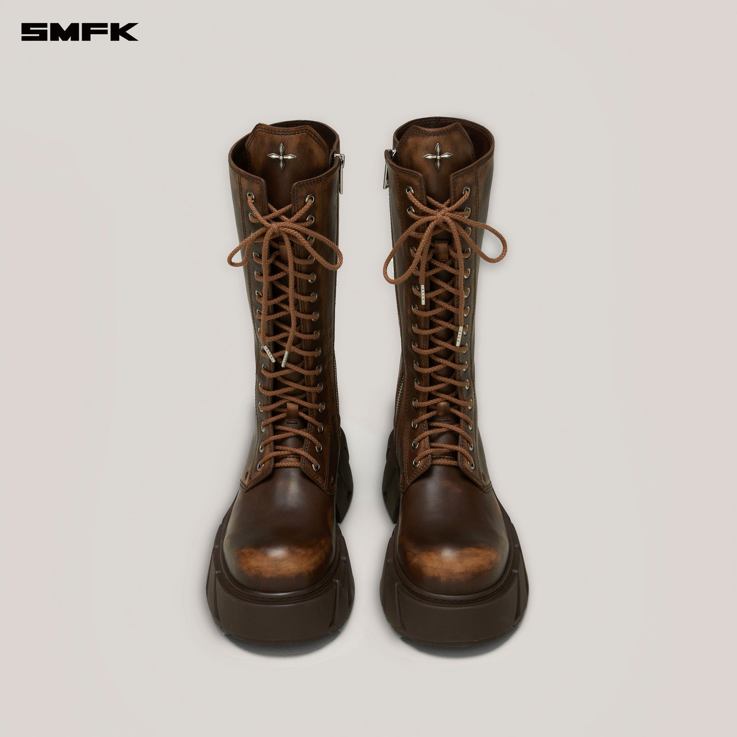 FUTURE MIRAGE Leather Rider High Boots Wild Horse Brown Patina