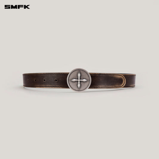 COMPASS Circular Badge Handcraft Patina Leather Belt Wild Horse Brown Patina