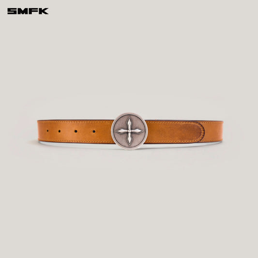 COMPASS Circular Badge Handcraft Patina Leather Belt Caramel Patina