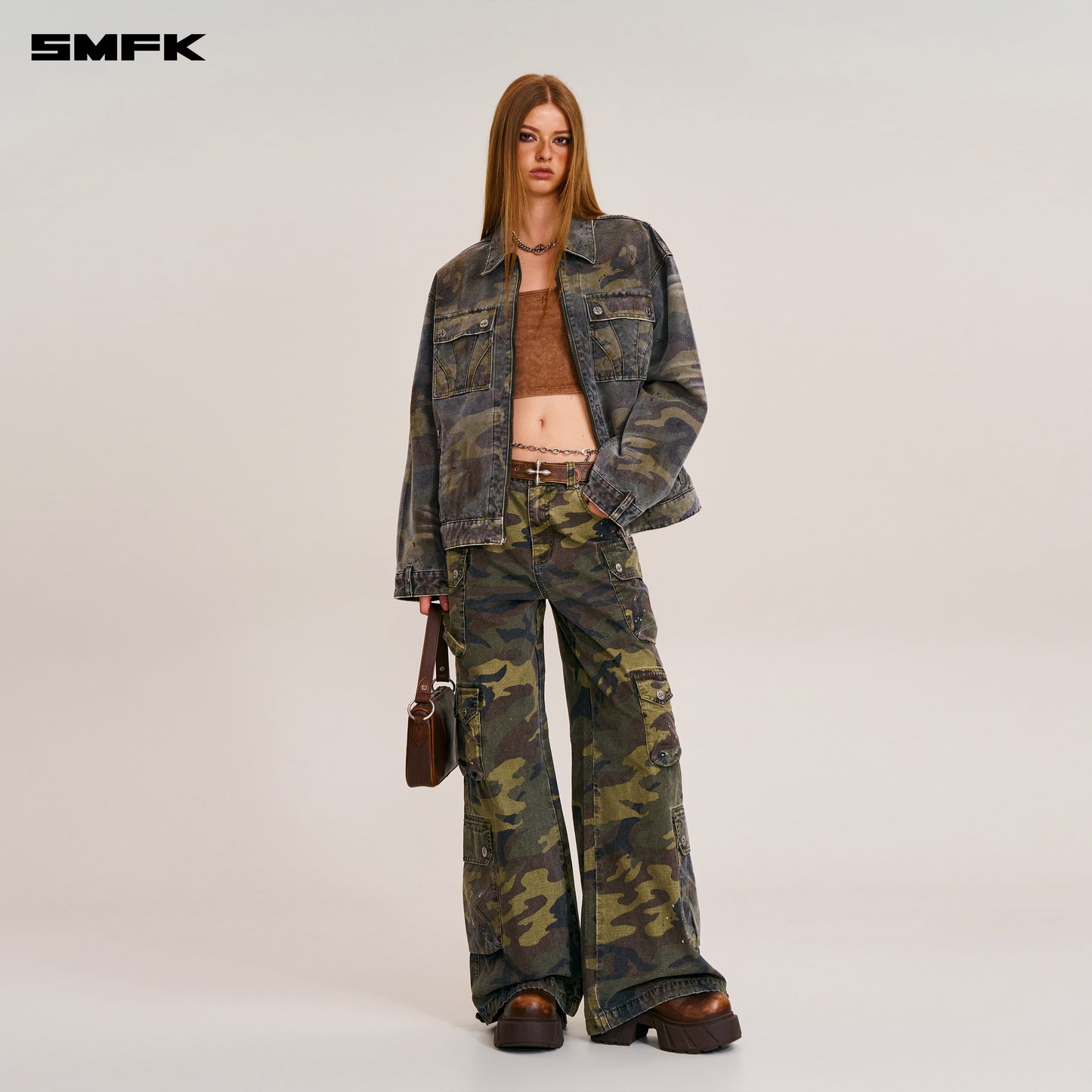 RAGE-WILD ORIGIN CAMO LOOSE CARGO JACKET Army Green Camouflage