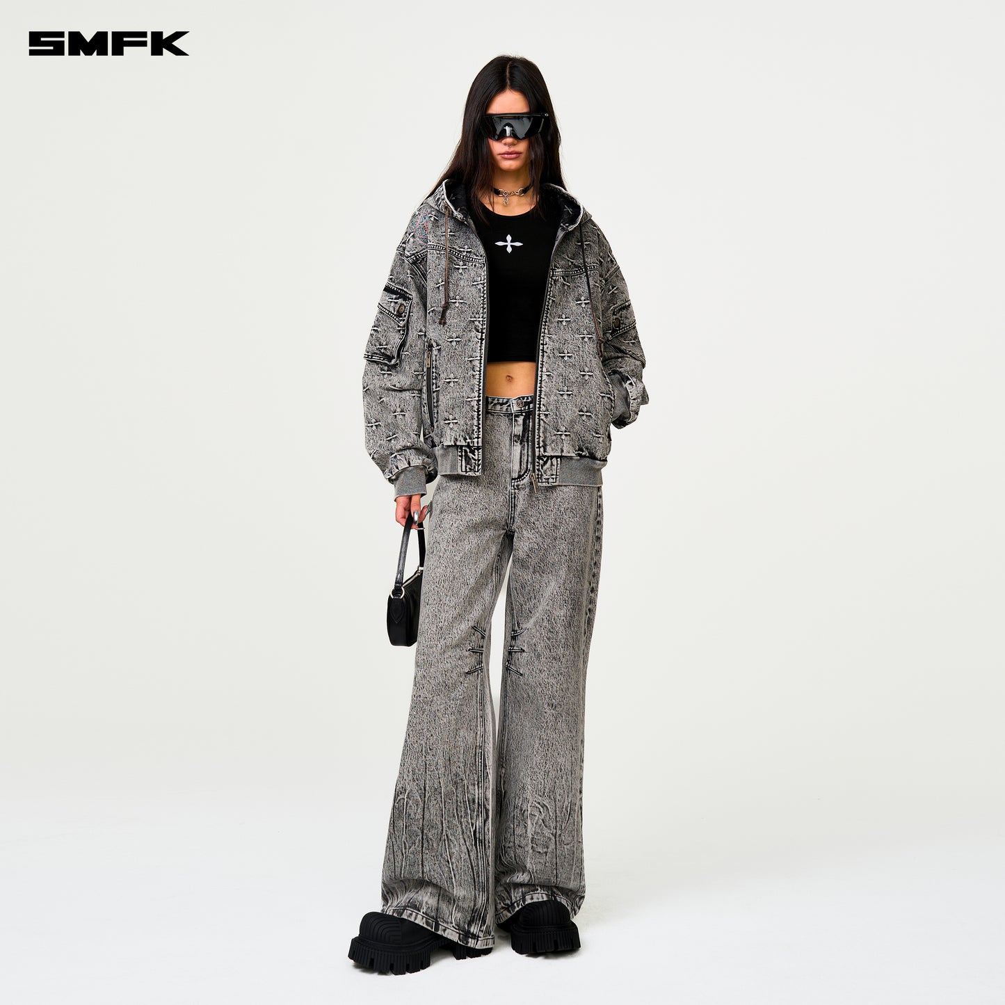 COMPASS STORM Garden Oversized Denim Hoodie Storm Garden (Gray)