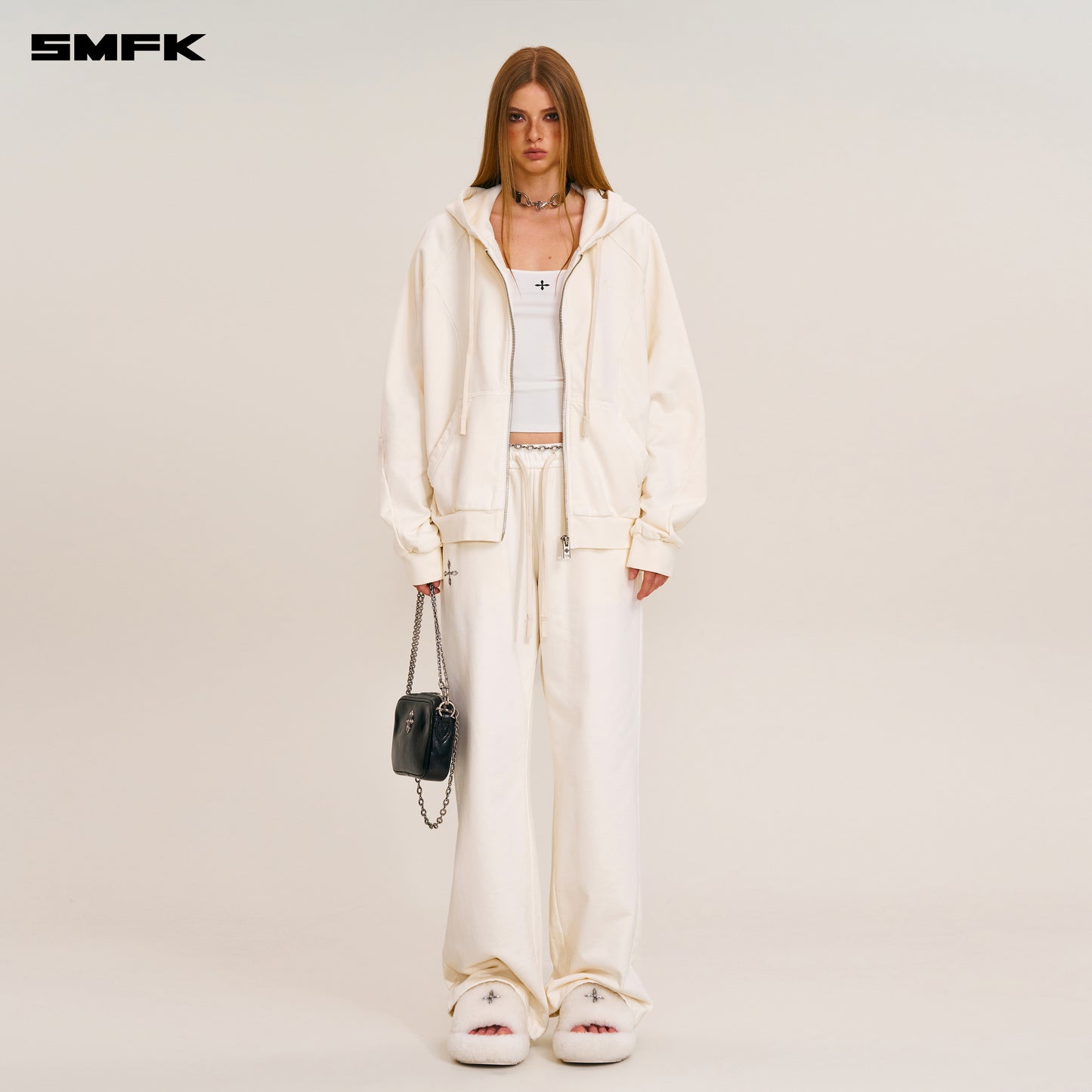 VINTAGE-SAVAGE LOOSE SPORTS ZIP HOODIE/FADE DYE Alpine White