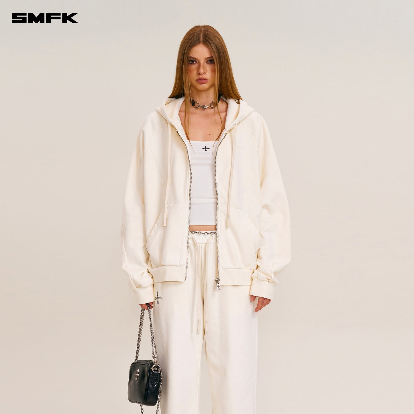 VINTAGE-SAVAGE LOOSE SPORTS ZIP HOODIE/FADE DYE Alpine White