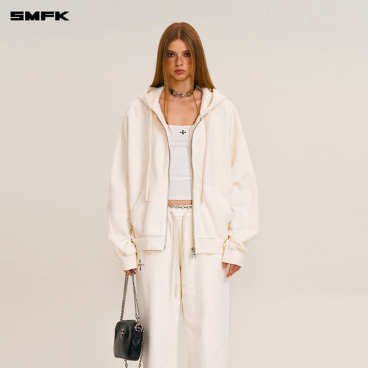 VINTAGE-SAVAGE LOOSE SPORTS ZIP HOODIE/FADE DYE Alpine White