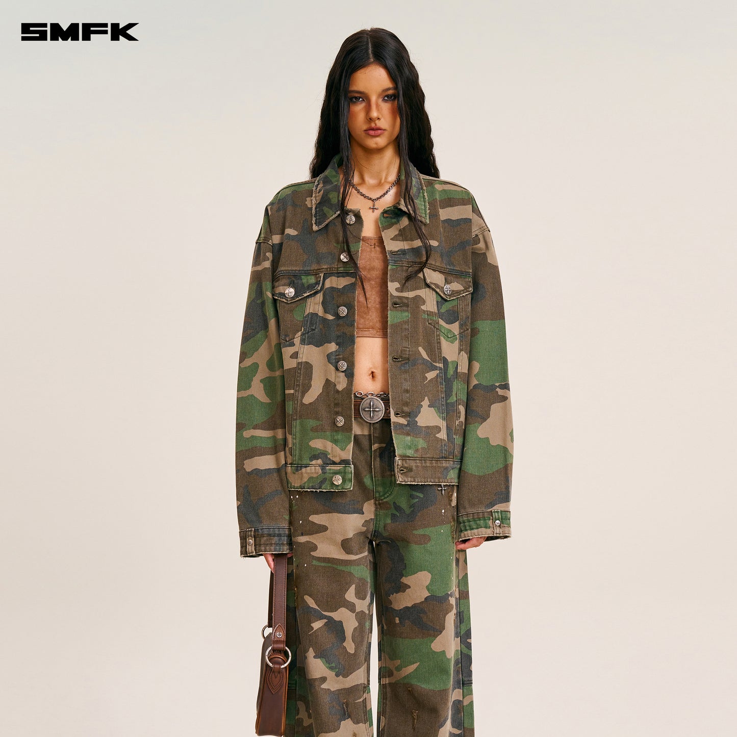 COMPASS MODE WASTELAND LOOSE STRAIGHT DENIM PANTS Army Green Camouflage