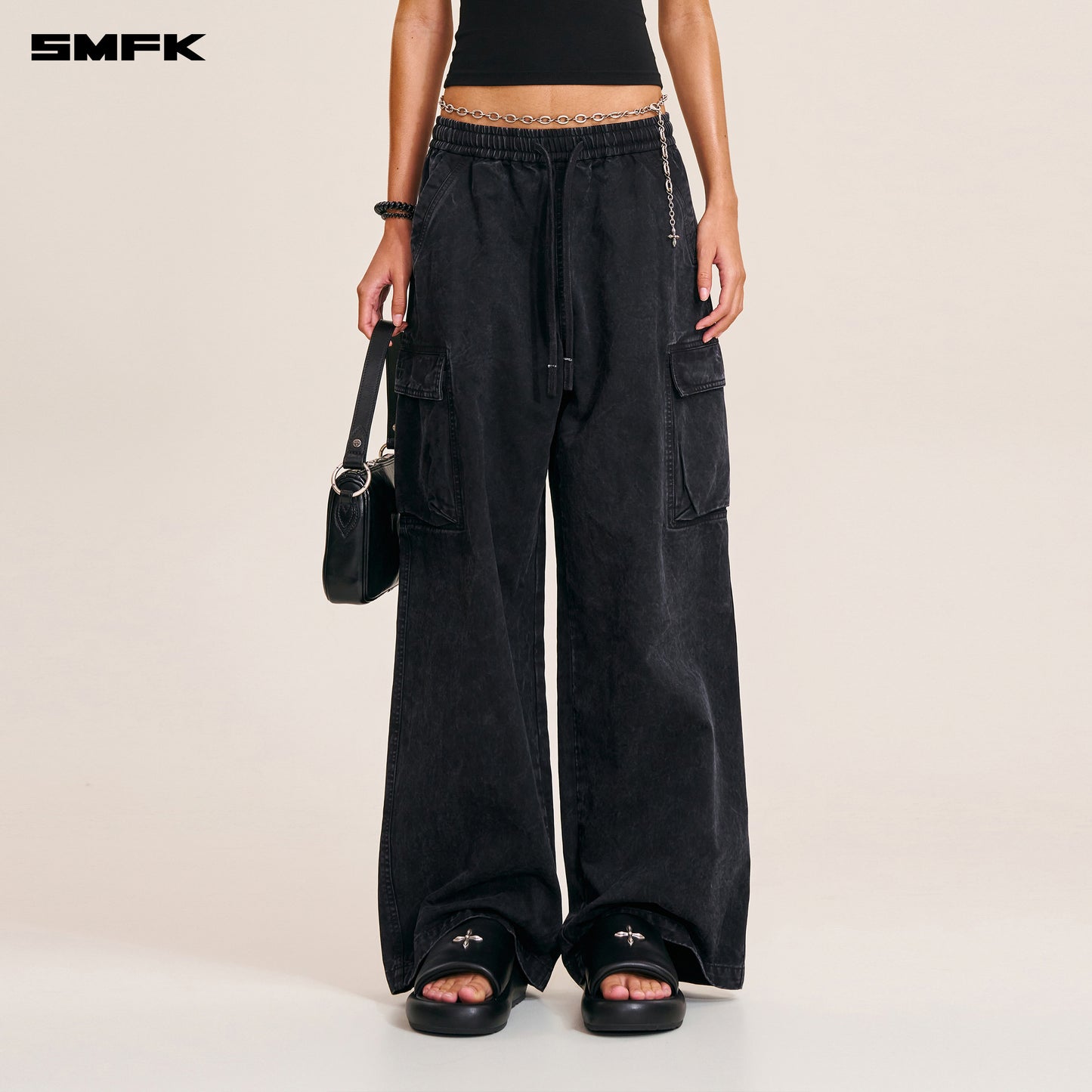 VINTAGE-STORM LOOSE SPORTS CARGO PANTS/FADE DYE Wilderness Black