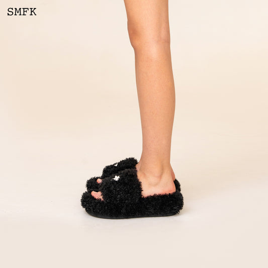 COMPASS WOOLLY Black Velvet Furry Sandals Velvet Noir