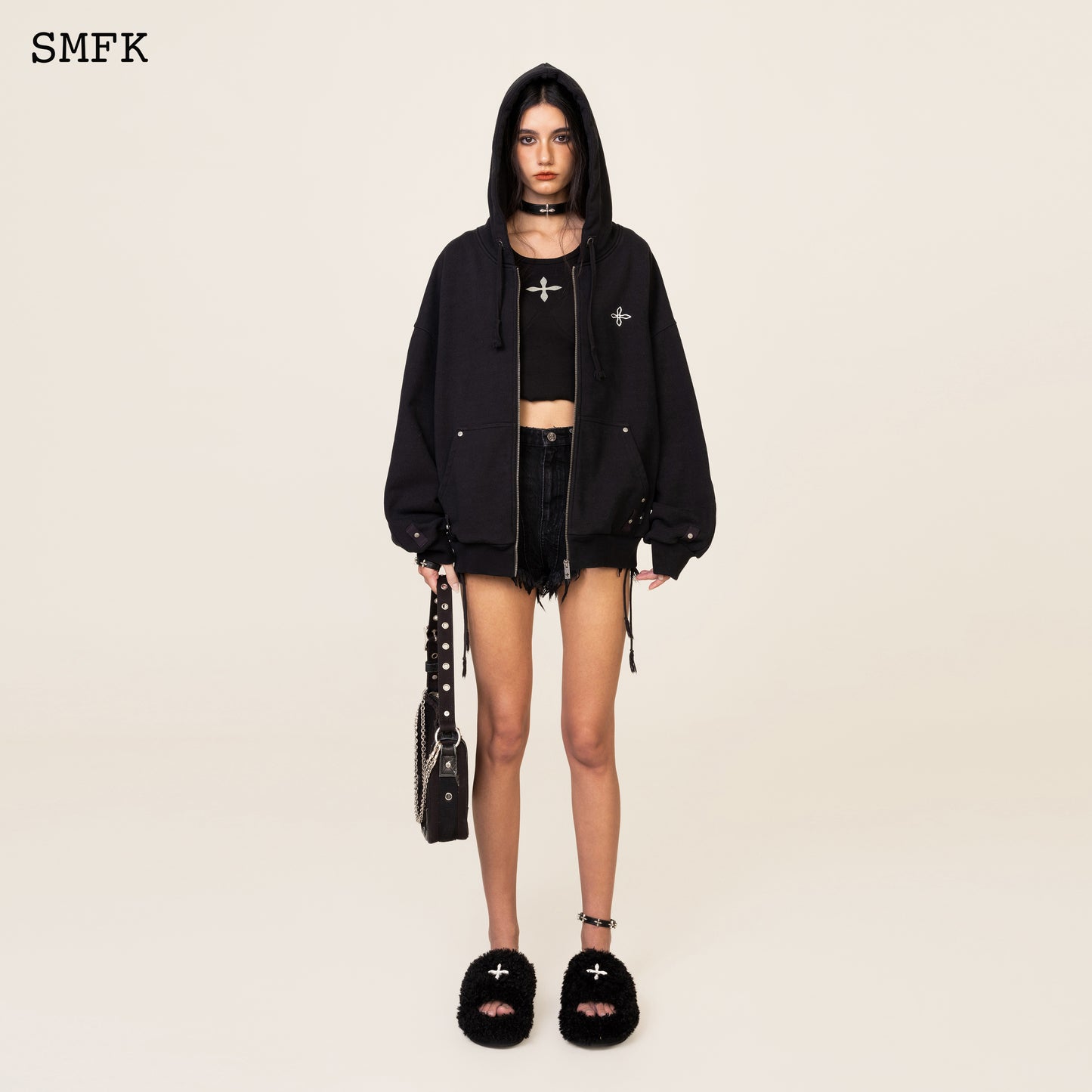 COMPASS WOOLLY Black Velvet Furry Sandals Velvet Noir