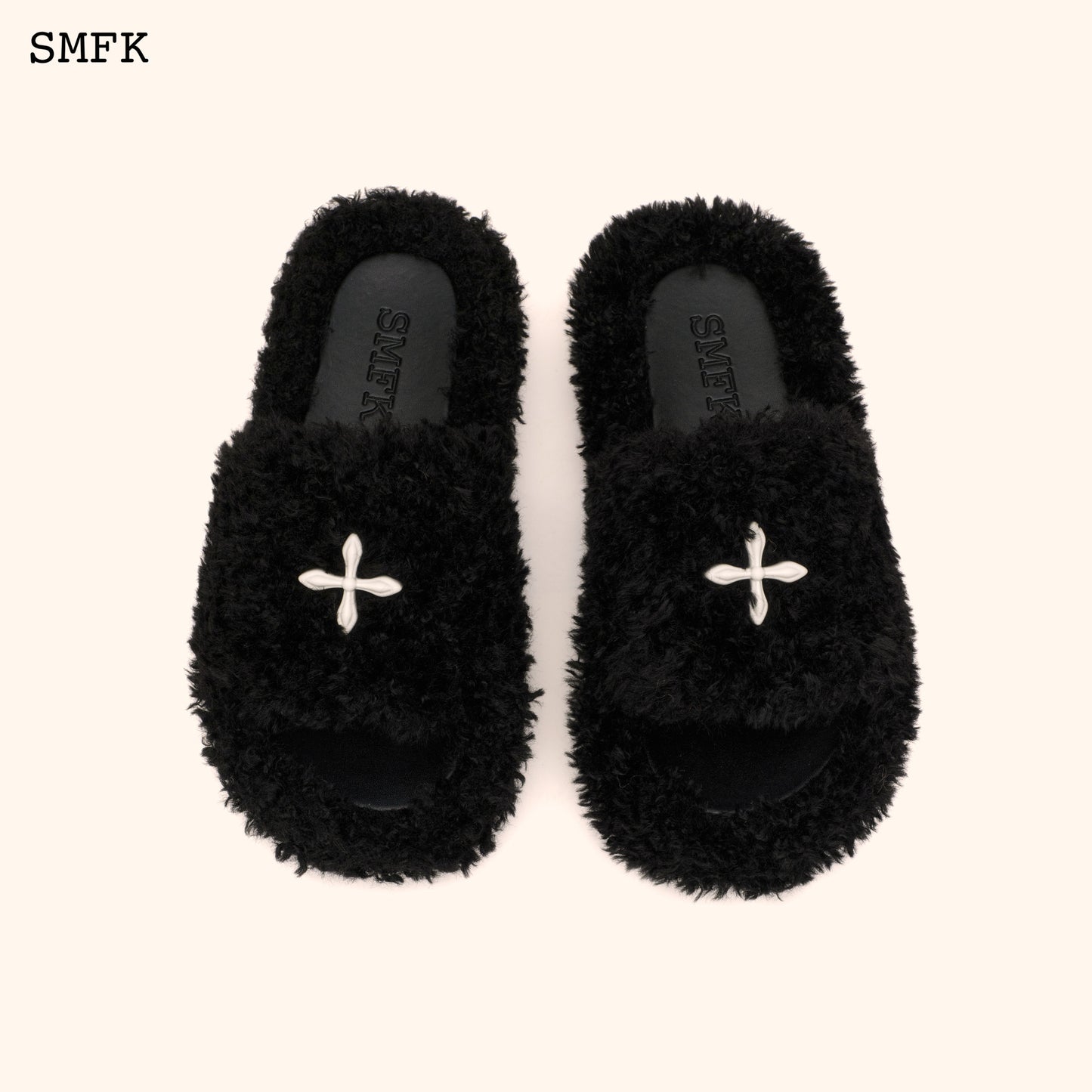 COMPASS WOOLLY Black Velvet Furry Sandals Velvet Noir