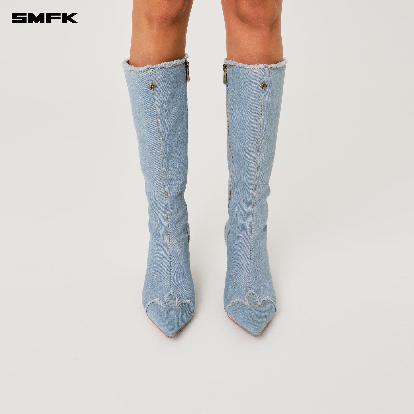 COMPASS Denim Pointed-Toe High-heeled Boots Indigo Denim