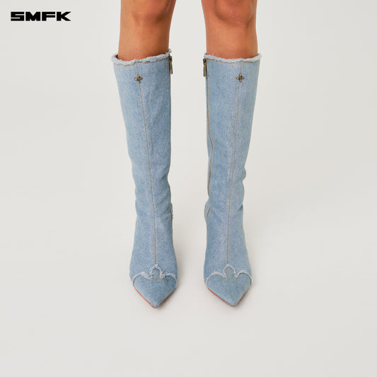 COMPASS Denim Pointed-Toe High-heeled Boots Indigo Denim