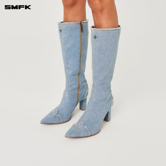 COMPASS Denim Pointed-Toe High-heeled Boots Indigo Denim