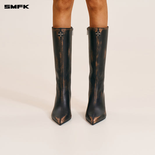COMPASS BADGE SWORD LEATHER HIGH HEEL BOOTS/PATINA Graphite Patina