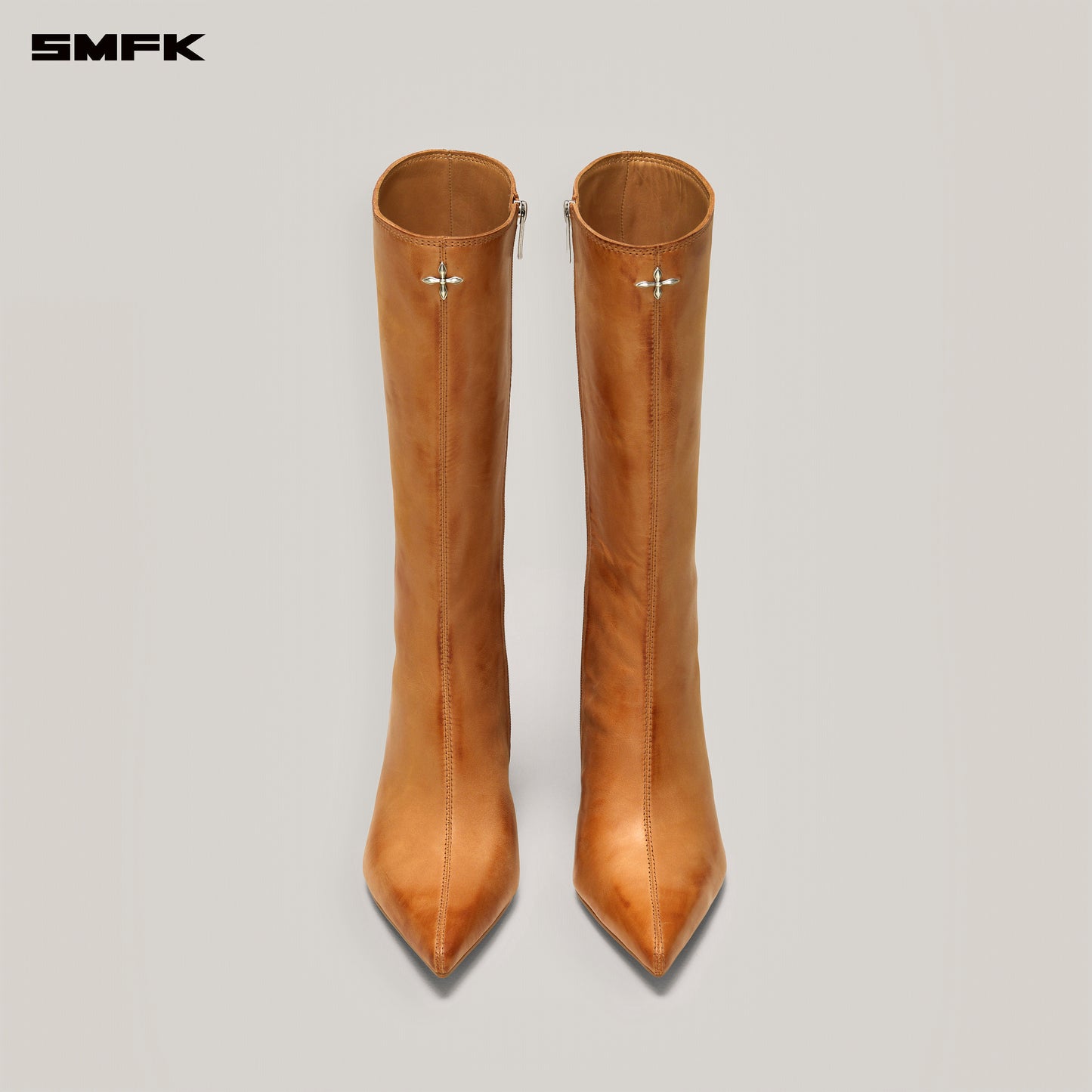 COMPASS BADGE Sword Leather High Heel Boots Caramel Patina