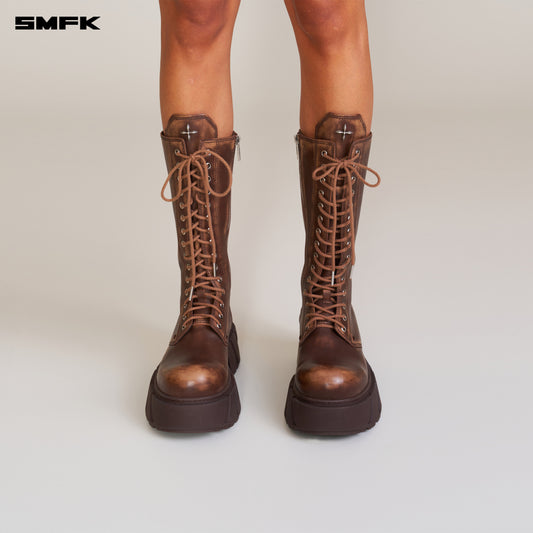 FUTURE MIRAGE Leather Rider High Boots Wild Horse Brown Patina