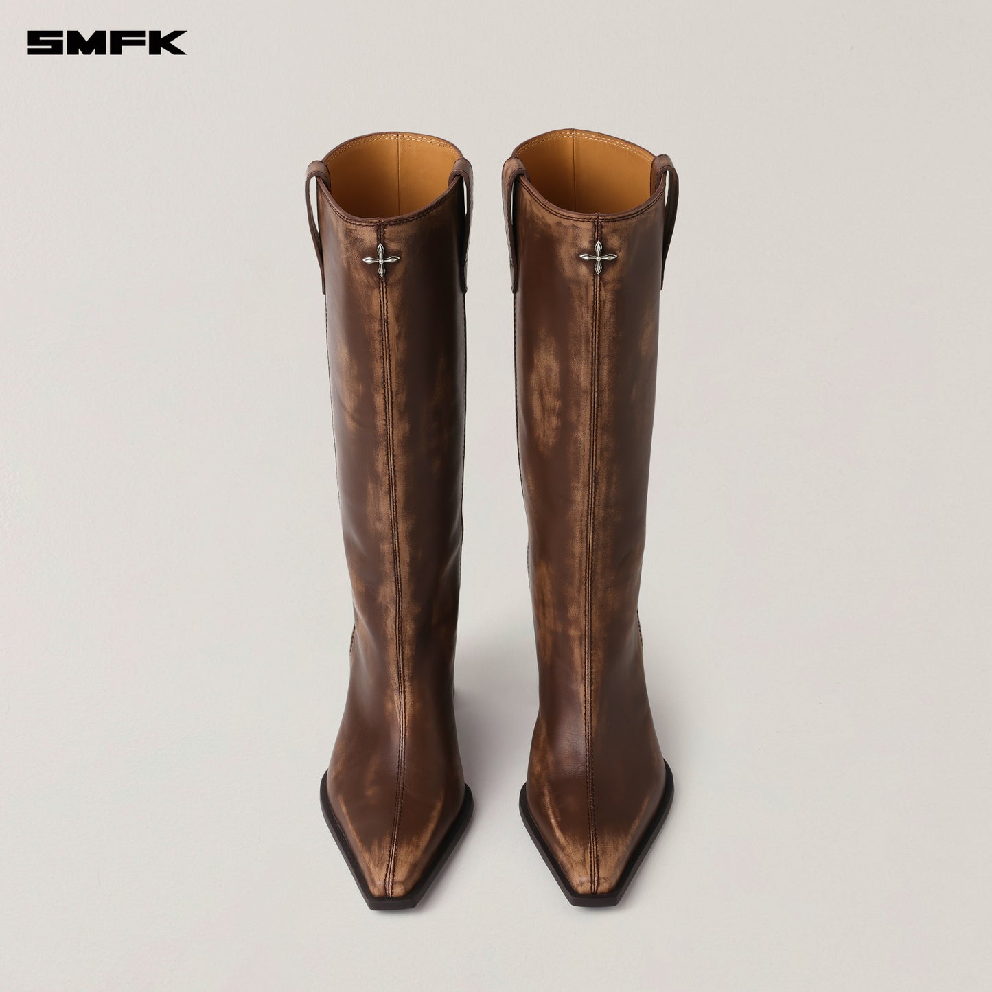 COMPASS BADGE SWORD Leather High-heel Boots/Patina
 Wild Horse Brown Patina