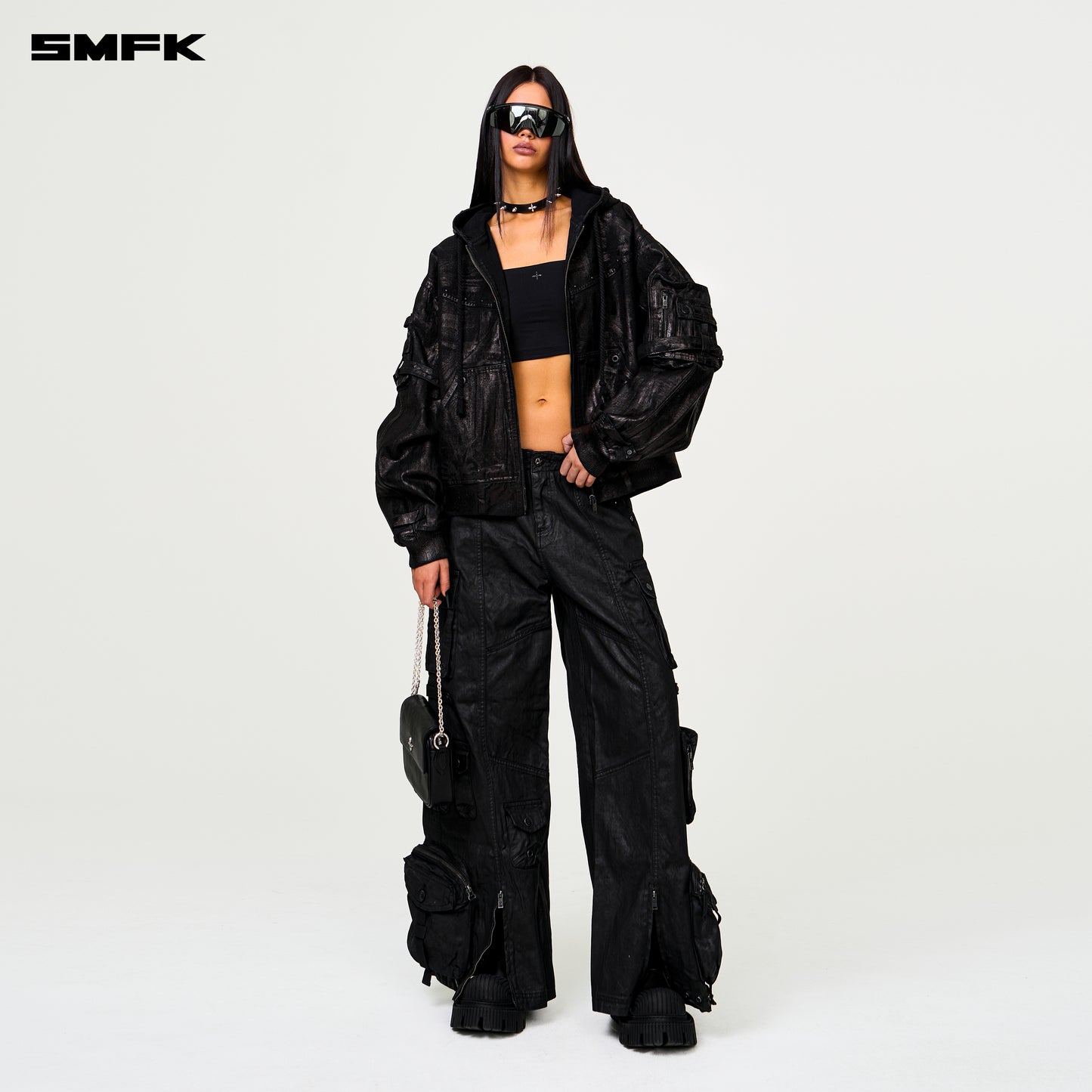 COMPASS WILD Cyber Mustang Waxed Wide-leg Cargo Pants Ink Black