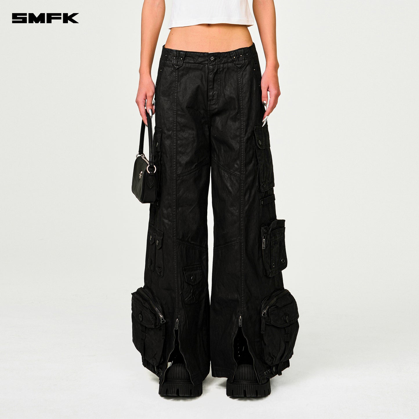 COMPASS WILD Cyber Mustang Waxed Wide-leg Cargo Pants Ink Black