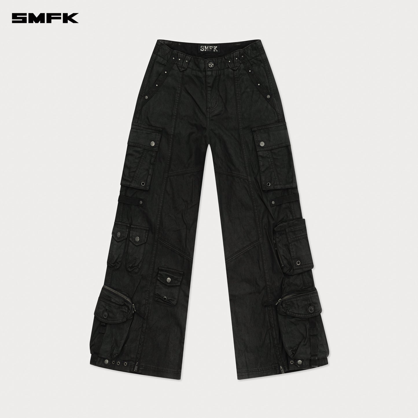 COMPASS WILD Cyber Mustang Waxed Wide-leg Cargo Pants Ink Black