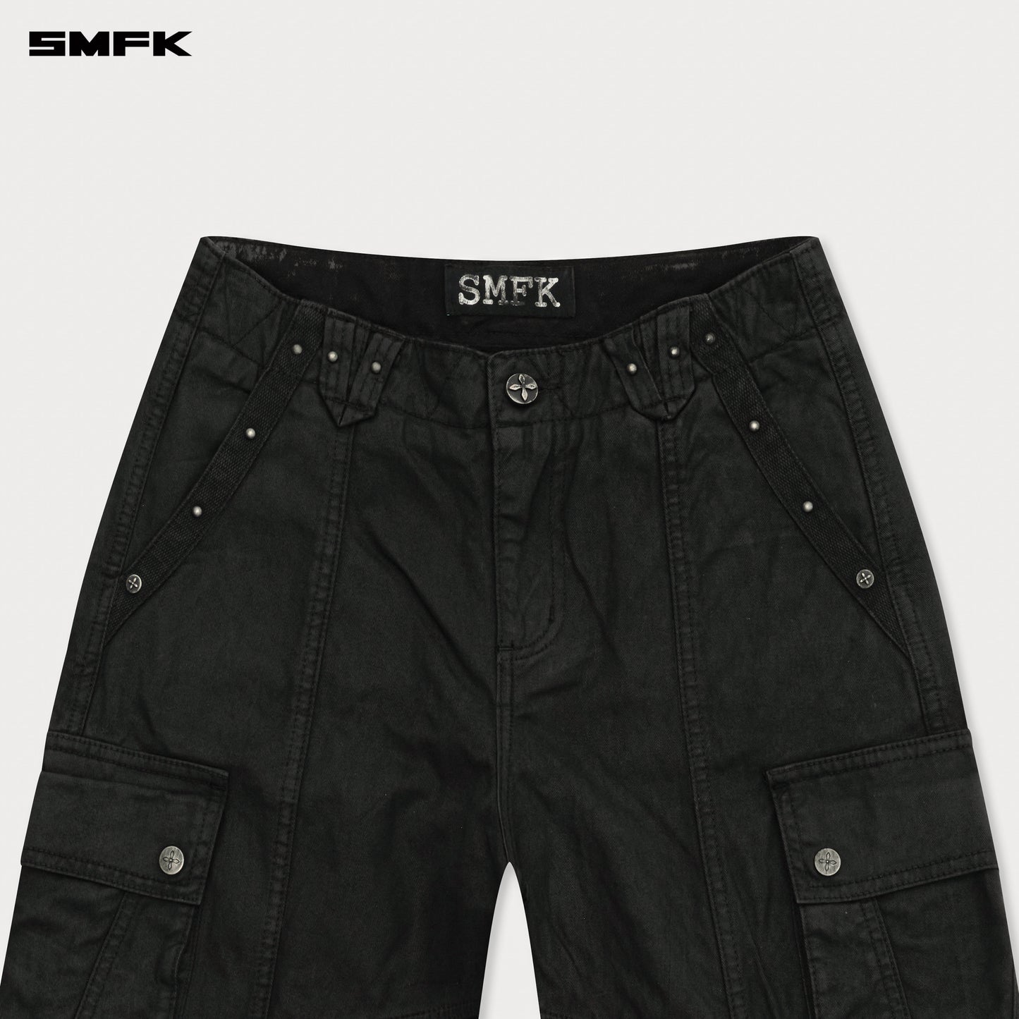 COMPASS WILD Cyber Mustang Waxed Wide-leg Cargo Pants Ink Black
